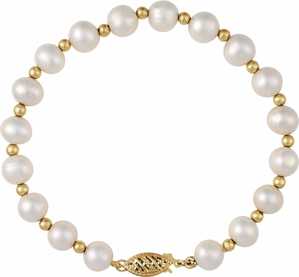 14K Yellow Gold Cultured White Freshwater Pearl 7 1/4" Bracelet