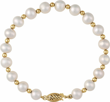 14K Yellow Gold Cultured White Freshwater Pearl 7 1/4" Bracelet