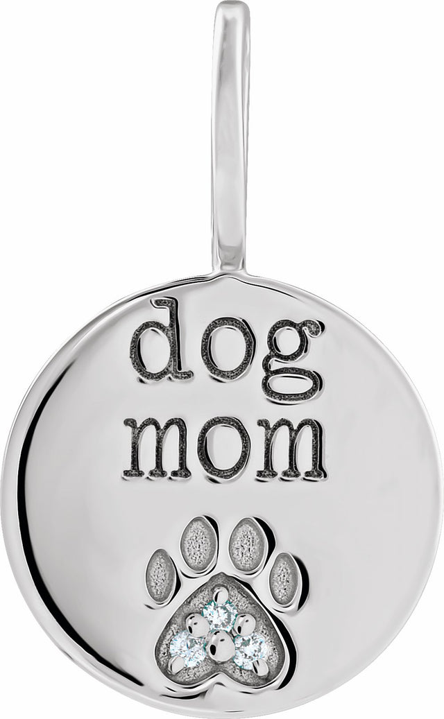 14K White Gold .01 CTW Natural Diamond Engraved Dog Mom Paw Print Charm/Pendant