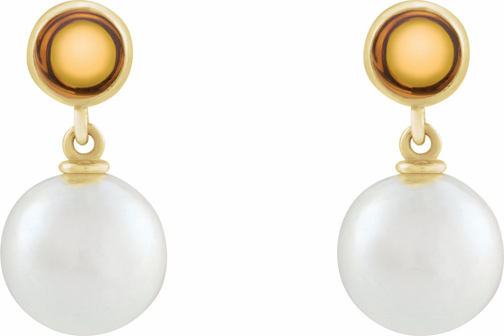 14K Yellow Cultured White Freshwater Pearl & Natural Citrine Cabochon Earrings