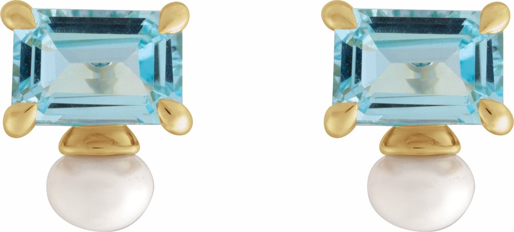 14K Yellow Gold Natural Sky Blue Topaz & Cultured White Freshwater Pearl Earrings
