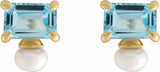 14K Yellow Gold Natural Sky Blue Topaz & Cultured White Freshwater Pearl Earrings