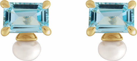 14K Yellow Gold Natural Sky Blue Topaz & Cultured White Freshwater Pearl Earrings