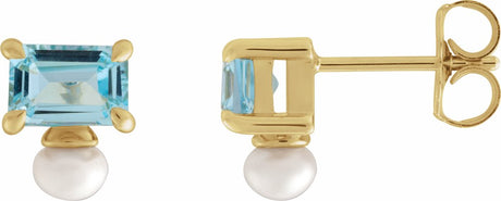 14K Yellow Gold Natural Sky Blue Topaz & Cultured White Freshwater Pearl Earrings