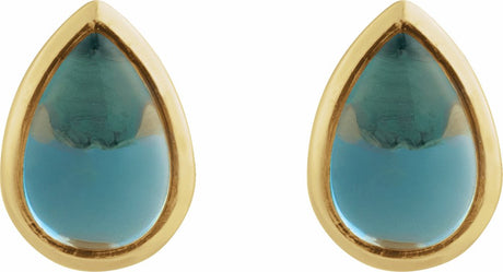 14K Yellow Gold Natural London Blue Topaz Cabochon Earrings