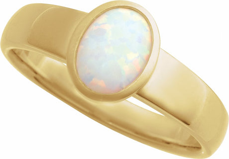 14K Yellow Gold Lab-Grown White Opal Cabochon Ring