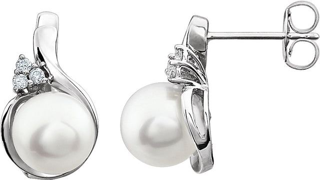 14K White Cultured White Freshwater Pearl & .08 CTW Natural Diamond Earrings