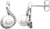 14K White Cultured White Freshwater Pearl  & 1/5 CTW Natural Diamond Earrings