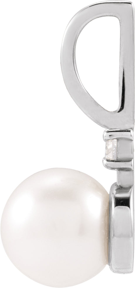 14K White Gold Cultured White Akoya Pearl & .03 CT Natural Diamond Charm/Pendant