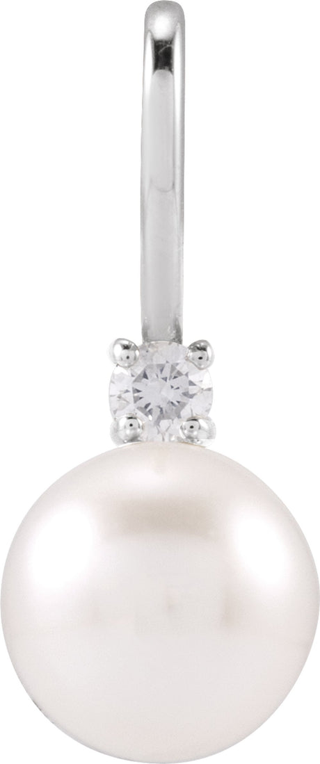 14K White Gold Cultured White Akoya Pearl & .03 CT Natural Diamond Charm/Pendant