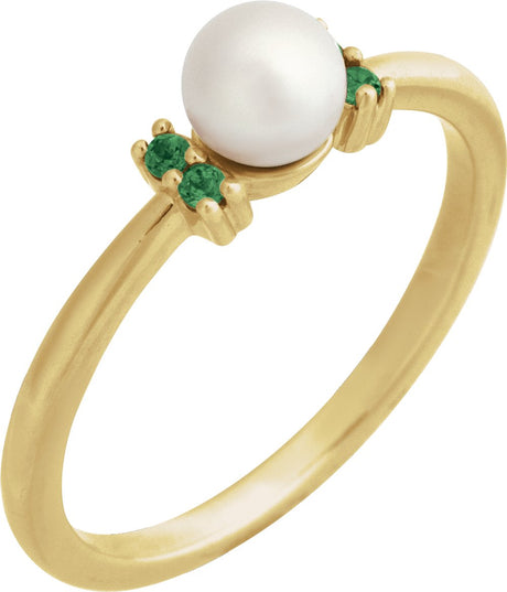 14K Yellow Cultured White Freshwater Pearl & Natural Tsavorite Garnet Ring