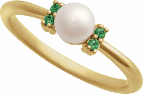 14K Yellow Cultured White Freshwater Pearl & Natural Tsavorite Garnet Ring