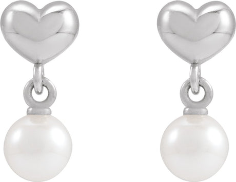 Sterling Silver Cultured White Freshwater Pearl & Heart Dangle Earrings