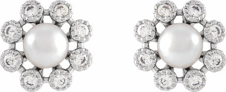 14K White Cultured White Freshwater Pearl & 1/8 CTW Natural Diamond Earrings