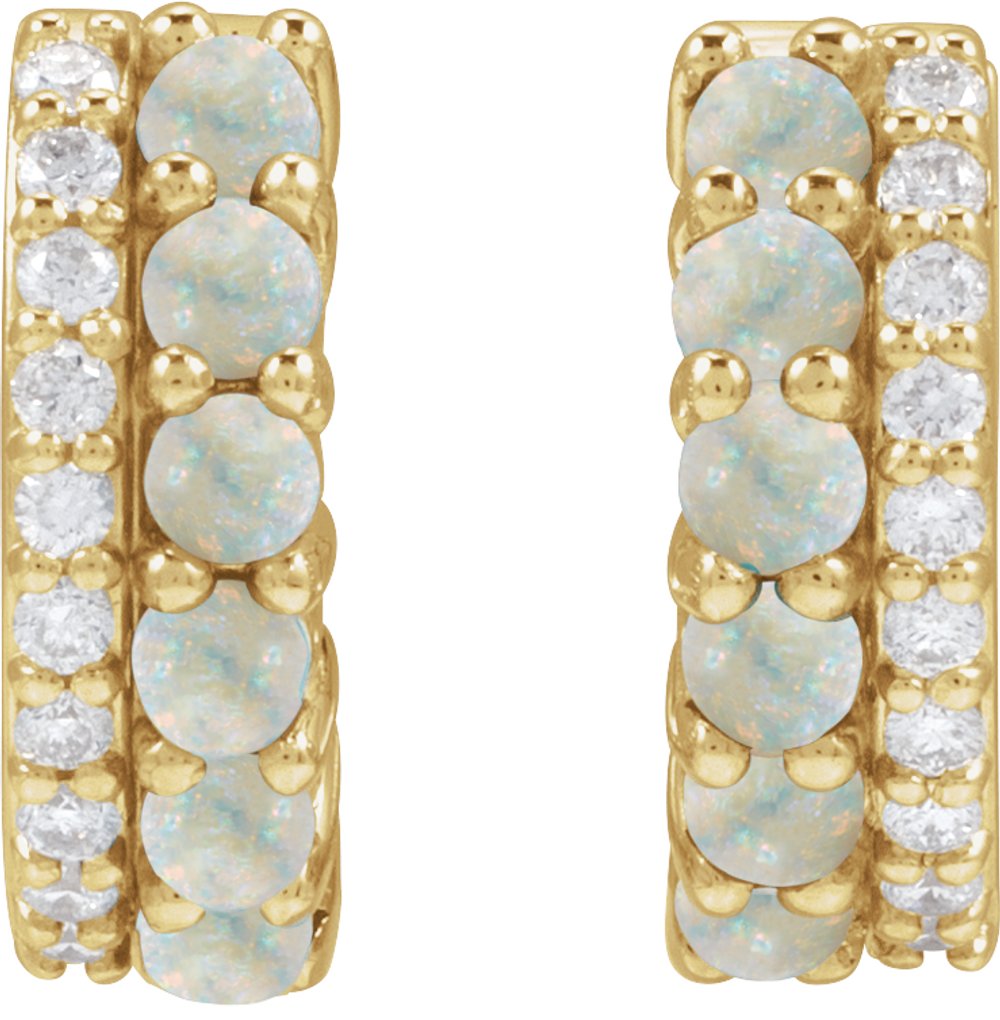 14K Yellow Gold Natural White Opal & 1/8 CTW Natural Diamond Huggie Hoop Earrings