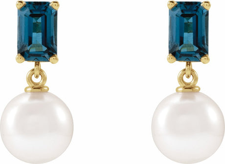 14K Yellow Gold Cultured White Akoya Pearl & Natural London Blue Topaz