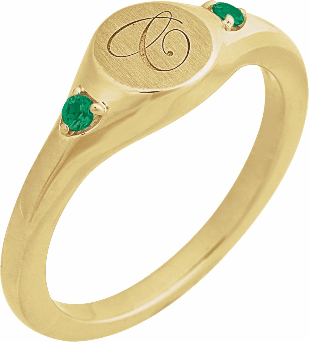 14K Yellow Gold Engravable Lab-Grown Emerald Signet Ring