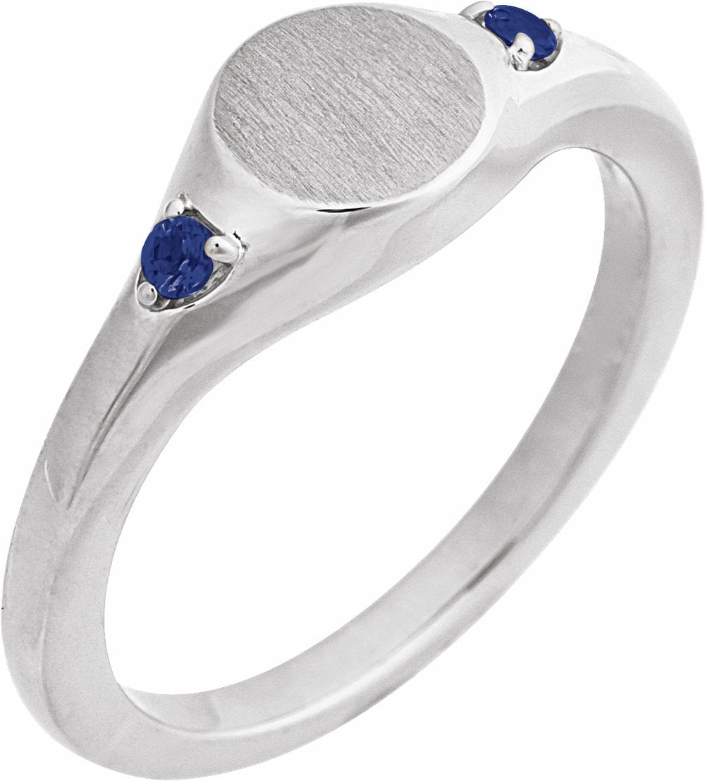 14K White Engravable Lab-Grown Blue Sapphire Signet Ring