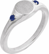 14K White Engravable Lab-Grown Blue Sapphire Signet Ring
