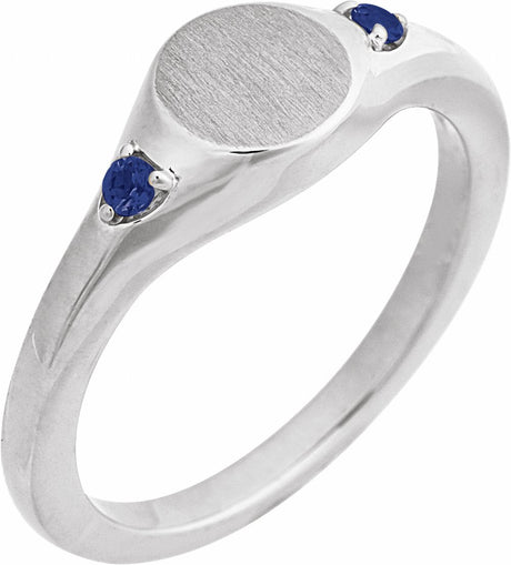 14K White Engravable Lab-Grown Blue Sapphire Signet Ring