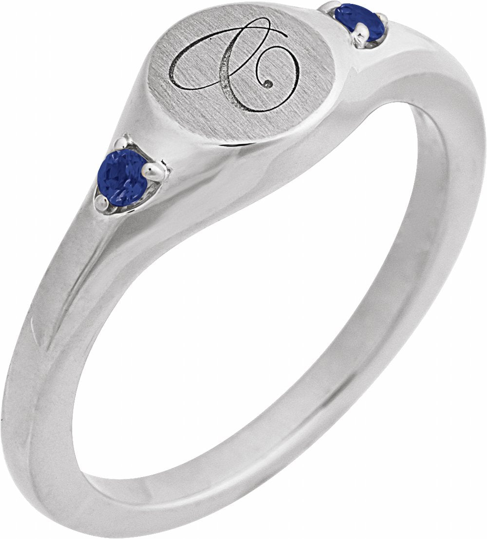 14K White Engravable Lab-Grown Blue Sapphire Signet Ring