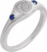 14K White Engravable Lab-Grown Blue Sapphire Signet Ring