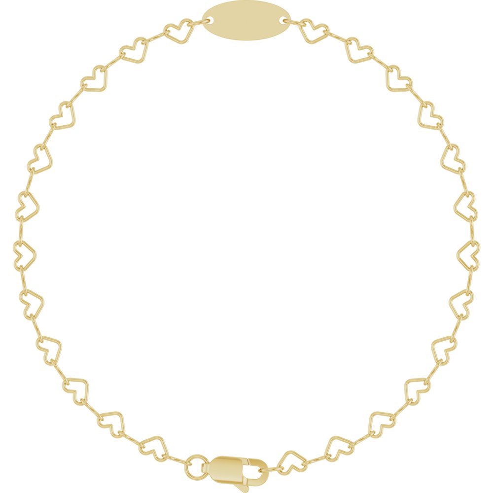 14K Yellow Gold Engravable Heart Link 7" Bracelet