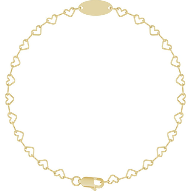 14K Yellow Gold Engravable Heart Link 7" Bracelet