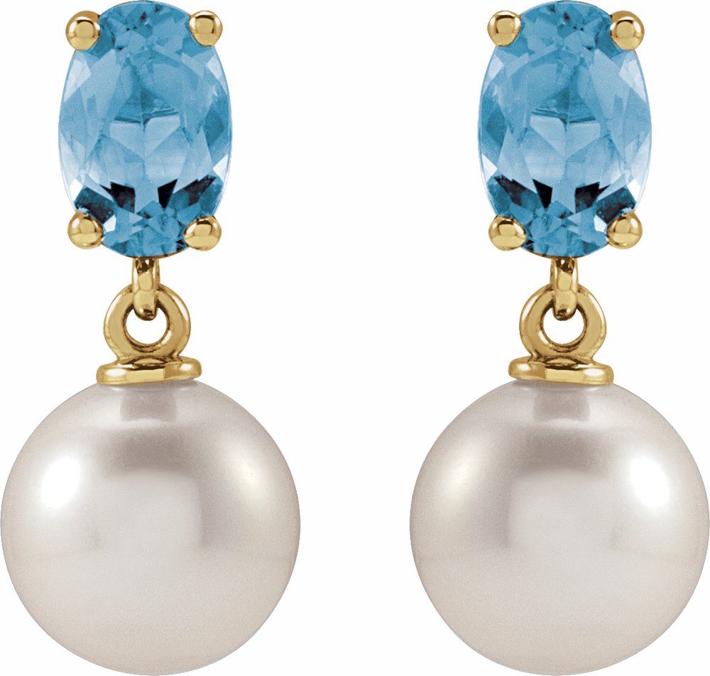 14K Yellow Gold Cultured White Akoya Pearl & Natural Aquamarine