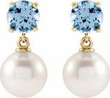 14K Yellow Gold Cultured White Akoya Pearl & Natural Aquamarine
