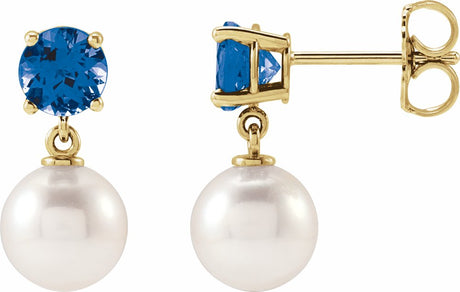 14K Yellow Gold Cultured White Akoya Pearl & Natural London Blue Topaz Earrings