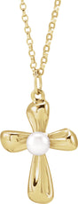14K Yellow Gold Cultured White Freshwater Pearl Cross 16-18" Necklace