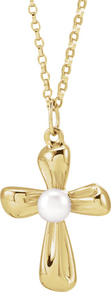 14K Yellow Gold Cultured White Freshwater Pearl Cross 16-18" Necklace