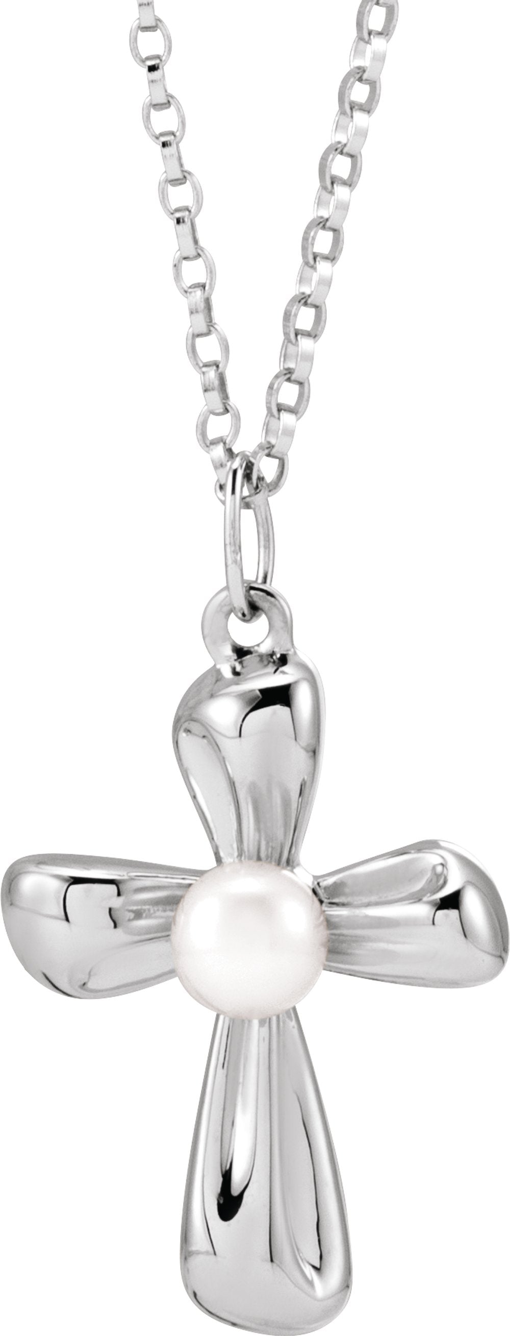 Sterling Silver Cultured White Freshwater Pearl Cross 16-18" Necklace