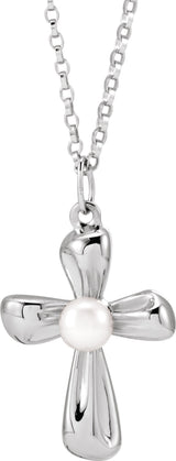 14K White Gold Cultured White Freshwater Pearl Cross 16-18" Necklace