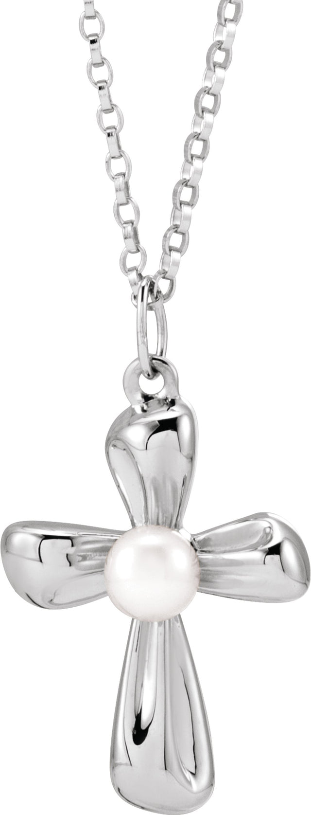 14K White Gold Cultured White Freshwater Pearl Cross 16-18" Necklace