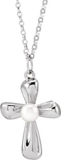 14K White Gold Cultured White Freshwater Pearl Cross 16-18" Necklace