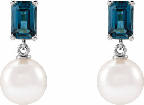14K White Gold Cultured White Akoya Pearl & Natural London Blue Topaz