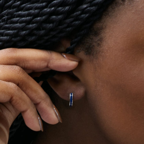 Sterling Silver Blue Enamel Hinged 12.1 mm Hoop Earrings