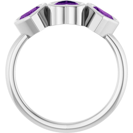 Sterling Silver Natural Amethyst Three-Stone Heart Ring