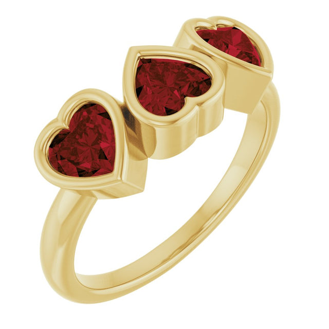 14K Yellow Gold Natural Mozambique Garnet Three-Stone Heart Ring