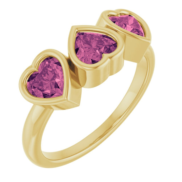 14K Yellow Gold Natural Pink Tourmaline Three-Stone Heart Ring