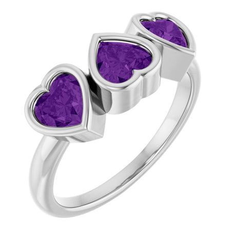 Sterling Silver Natural Amethyst Three-Stone Heart Ring