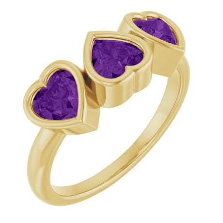 14K Yellow Gold Natural Amethyst Three-Stone Heart Ring