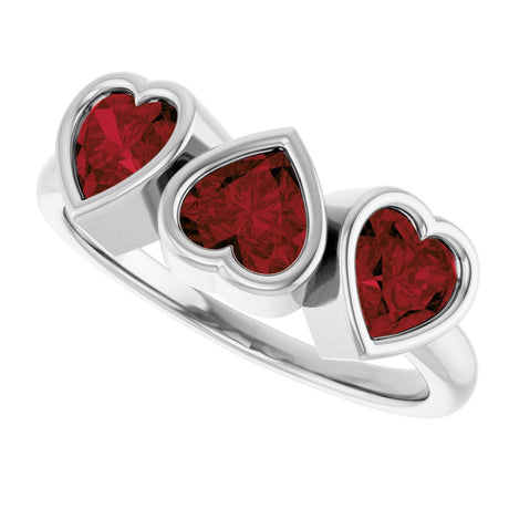 Sterling Silver Natural Mozambique Garnet Three-Stone Heart Ring