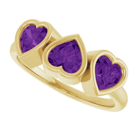 14K Yellow Gold Natural Amethyst Three-Stone Heart Ring