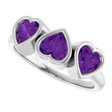 Sterling Silver Natural Amethyst Three-Stone Heart Ring