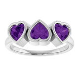 Sterling Silver Natural Amethyst Three-Stone Heart Ring