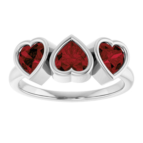 Sterling Silver Natural Mozambique Garnet Three-Stone Heart Ring