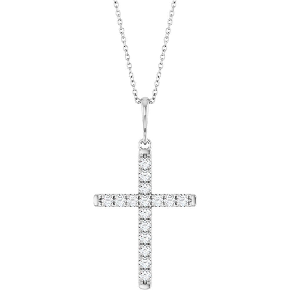 14K White Gold 3/8 CTW Lab-Grown Diamond French-Set Cross 16-18" Necklace
